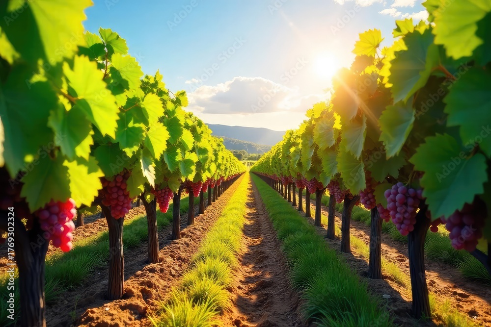 Naklejka premium Sun-drenched rows of grapevines stretching to the horizon, ripe bunches of grapes hanging heavy on the vines, a picturesque vineyard landscape at harvest time , countryside landscape, outdoor