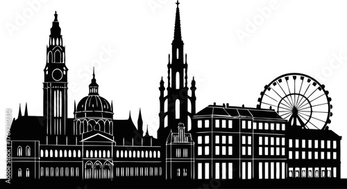 High resolution black and white city skyline silhouette design for graphic projects