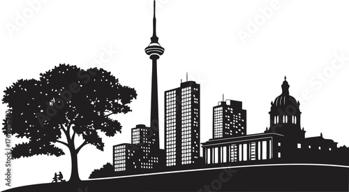 High resolution black and white city skyline silhouette design with helvetica and courier font elements