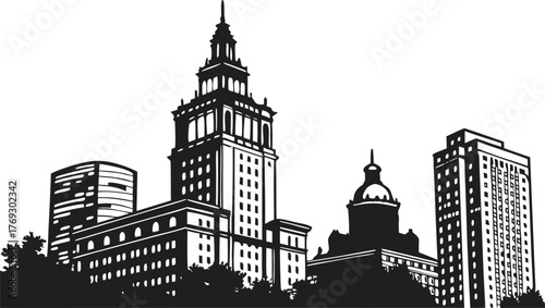 High resolution black and white city skyline silhouette design for graphic applications
