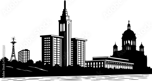 High resolution black and white city skyline silhouette design for graphic projects