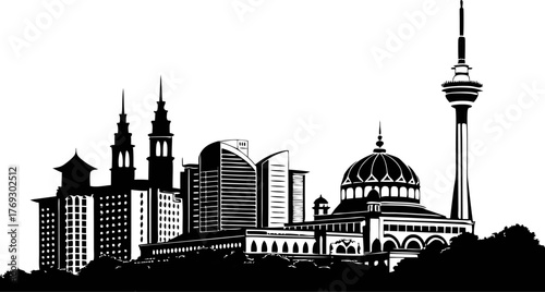 High resolution black and white city skyline silhouette design with architectural detail and urban landscape elements