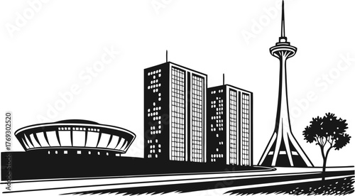 High resolution black and white city skyline silhouette with detailed architectural elements and subtle color accents