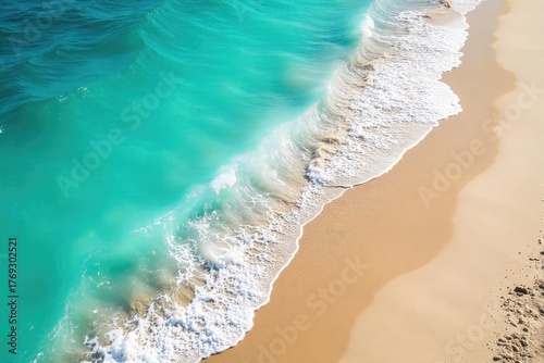 Sun-drenched turquoise waves crash on a pristine sandy beach, creating a mesmerizing summer scene Perfect for travel, vacation, or summer themed projects , vibrant, energy