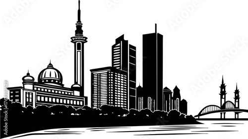 High resolution black and white city skyline silhouette with architectural detail and urban landscape elements