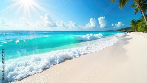 Sun-drenched turquoise ocean waves crash on a pristine white sand beach  The vibrant blue water sparkles under the bright summer sun, a perfect tropical paradise scene ,  coastline,  blue