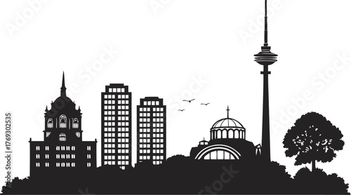 High resolution black and white city skyline silhouette graphic design for urban themed projects