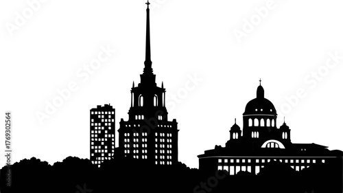 High resolution black and white city skyline silhouette for graphic design projects