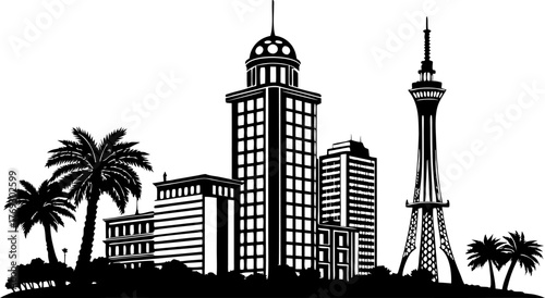 High resolution black and white city skyline silhouette design with architectural detail and geometric shapes