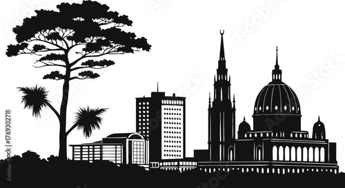 High resolution black and white city skyline silhouette for graphic design projects