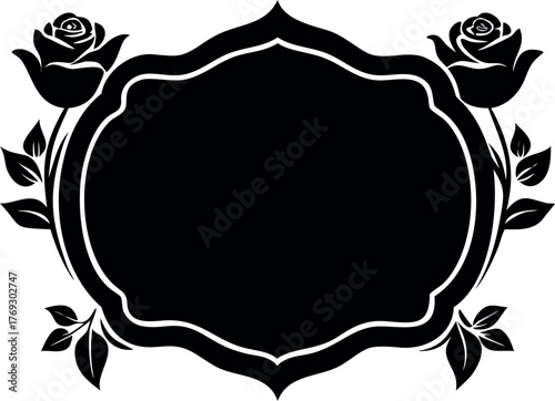 An elegant black silhouette of a vintage decorative frame adorned with beautiful rose flowers, creating a classic ornamental border