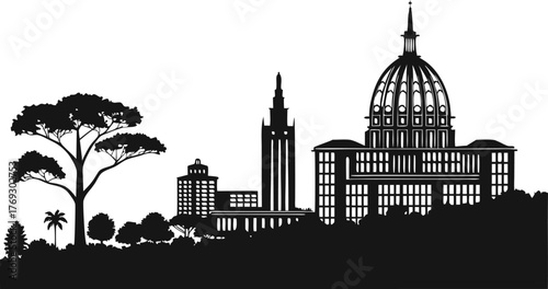 High resolution black and white city skyline silhouette illustration for graphic design projects