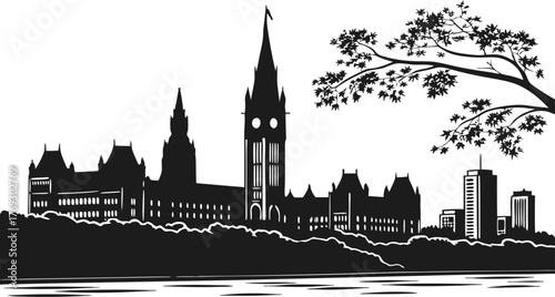 High resolution black and white city skyline silhouette design featuring tall buildings and architectural structures