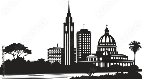 High resolution black and white city skyline silhouette with architectural detail and urban landscape