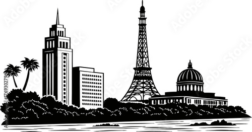 High resolution black and white city skyline silhouette with detailed architectural elements