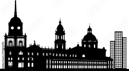 High resolution black and white city skyline silhouette with detailed architectural elements and subtle color accents