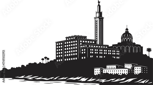 High resolution black and white city skyline silhouette graphic design for architectural and urban themed projects