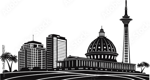 High resolution black and white city skyline silhouette with architectural detail and urban landscape elements