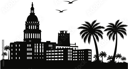 High resolution black and white city skyline silhouette with architectural detail and urban landscape