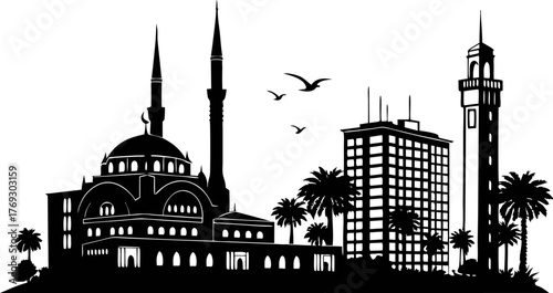 High resolution black and white city skyline silhouette design with architectural elements and urban landscape