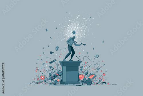 An artistic depiction of a figure on a pedestal, with an explosion of elements surrounding it.