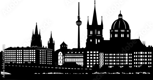 High resolution black and white city skyline silhouette design for architectural and urban themed projects