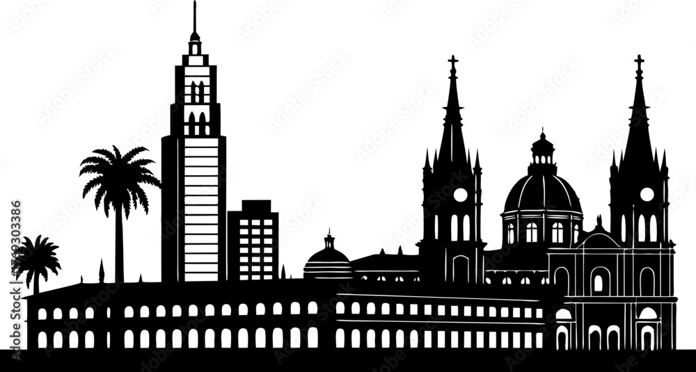 Fototapeta premium High resolution black and white city skyline silhouette with architectural detail and subtle color accents
