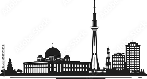 High resolution black and white city skyline silhouette illustration for graphic design projects