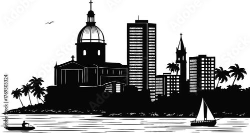 A high resolution black and white city skyline silhouette design suitable for various applications