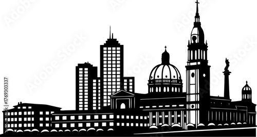 High resolution black and white city skyline silhouette design with detailed architectural elements