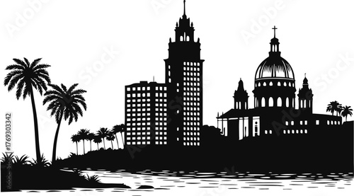 High resolution black and white city skyline silhouette with architectural detail and dramatic lighting