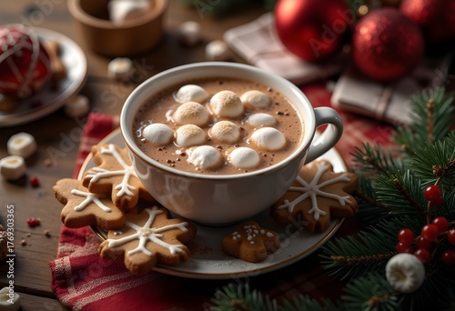 Top View Of Gingerbread Cookies And Hot Cocoa With Marshmallow