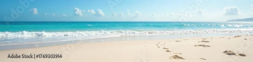 Vast, empty beach stretches to the horizon under a clear sky Fine sand, gentle waves lap the shore, leaving seashells scattered Perfect for relaxation, tranquility, and escape , sky, relaxation, sand