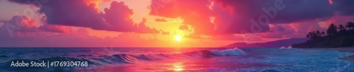 Vibrant Hawaiian sunset paints the sky with fiery oranges, pinks, and purples, reflecting on calm ocean waves  Perfect for travel, vacation, or tropical themed projects ,  picturesque,  landscape