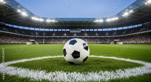 Close up photo of a black and white patterned ball in the middle of a football field during the day with a wide background of a magnificent stadium shining sun and shining stadium lights