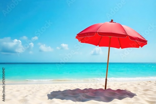 Vibrant red beach umbrella providing shade on a sunny, sandy beach Perfect for summer vacation, relaxation, and coastal imagery Ideal for travel and tourism websites , warmth, coastal, fun