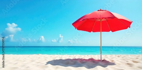 Vibrant red beach umbrella providing shade on a sunny day at the coast, casting a shadow on the sand Perfect for summer vacation and relaxation imagery , calm, sky, sun