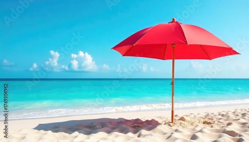 Vibrant red beach umbrella providing shade on a sunny, sandy beach Perfect for summer vacation, relaxation, and coastal imagery Ideal for travel brochures and websites , ocean, heat, coast