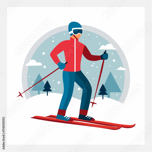 Illustration design plat de skieur bleu et rouge moderne