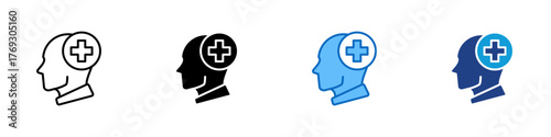 Mental Health Multiple Style Icon Design Vector - human head with a medical cross, symbolizing psychological care, therapy, and emotional well-being