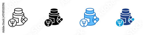 Psychotherapy Multiple Style Icon Design Vector - Medicine bottles with pills and a psychology symbol, representing treatment and mental health therapy