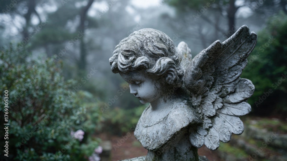 Naklejka premium Weathered stone angel statue in misty forest setting, All Saints' Day
