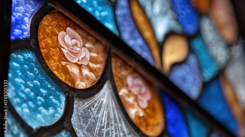 Colorful stained glass window with floral design and geometric patterns, Feast of the Immaculate Conception