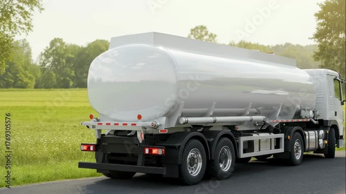 Large white tanker truck driving on a rural road with green fields, transportation concept, video