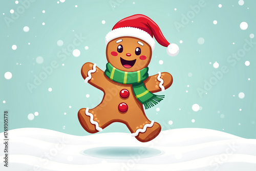 Gingerbread man with red santa hat and green striped scarf jumping on snowy ground against light blue background with falling snowflakes.