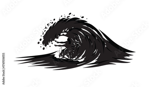 Solid Black Silhouette of Surfer Riding a Big Wave – Dynamic Surfing Vector Illustration on White Background