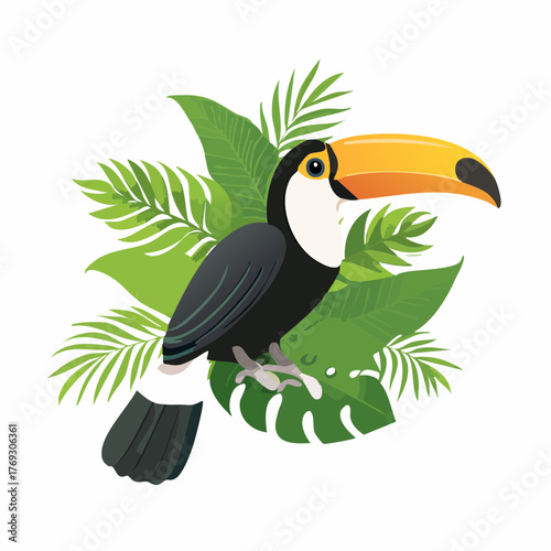 Stylized toucan illustration amidst lush tropical foliage showcasing vibrant wildlife aesthetics