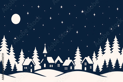 A simple illustration of a winter village scene at night. Silhouetted houses and a church are nestled among snow-covered hills and pine trees under a starry sky with a full moon.