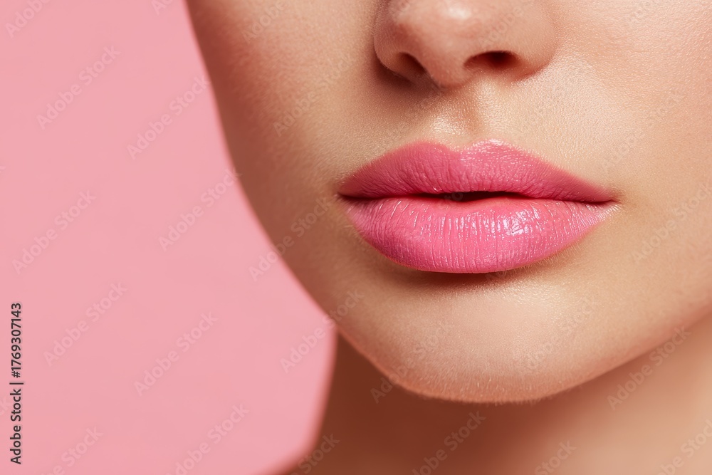 Fototapeta premium sensual pink lips of woman on pink background, closeup