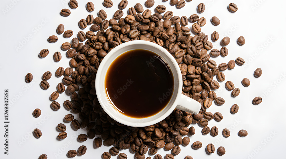 Obraz premium Flat Lay of Coffee Cup and Roasted Beans